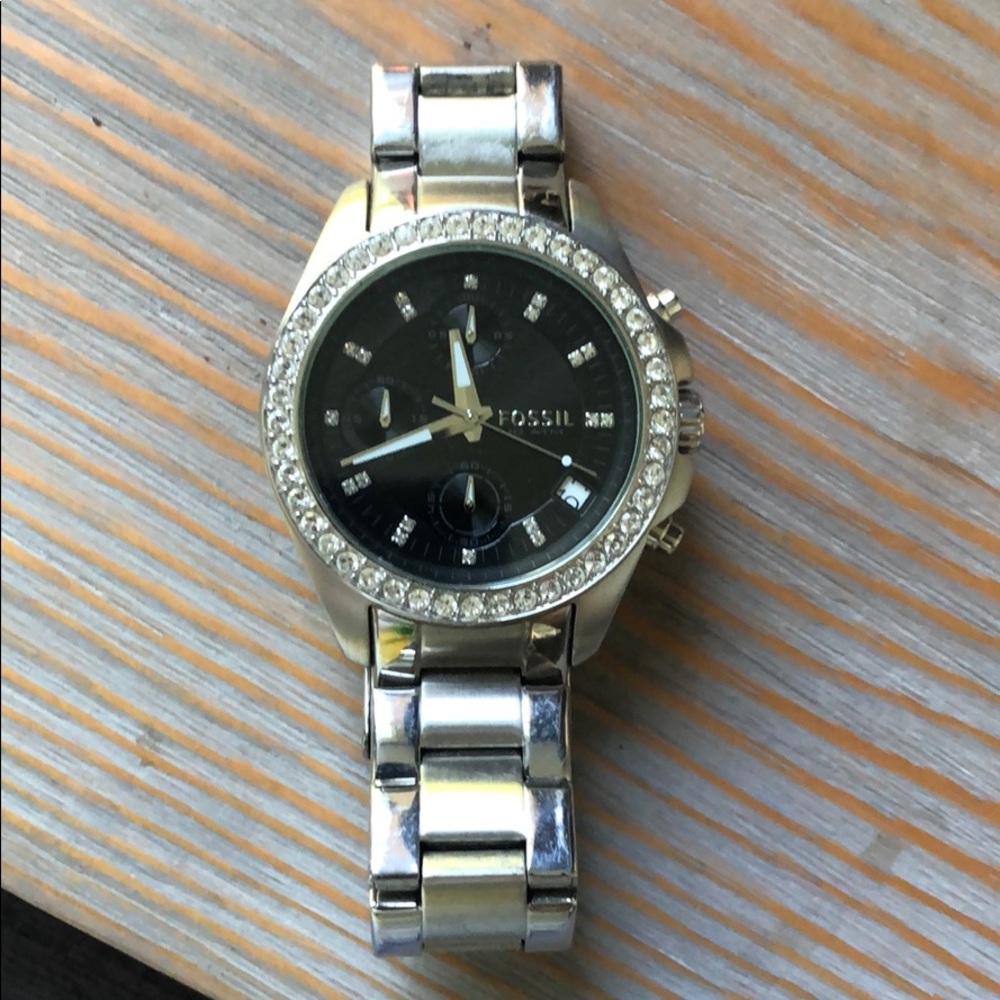Fossil black chronograph watch with rhinestone